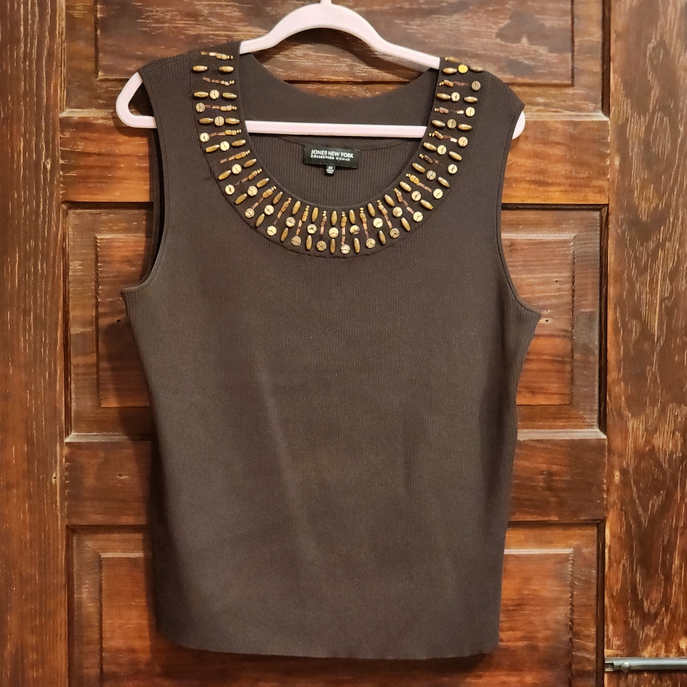 Jones New York Brown Embellished Ribbed Tank Top Size 2X